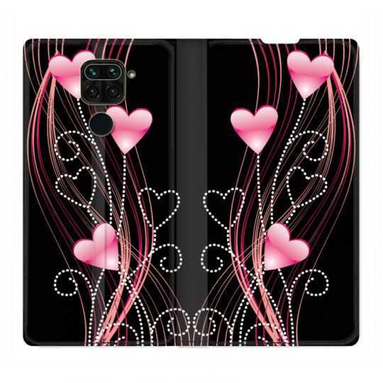 Housse Cuir Portefeuille Pour Xiaomi Redmi Note 9S / 9 Pro Coeur Rose Montant sur Noir