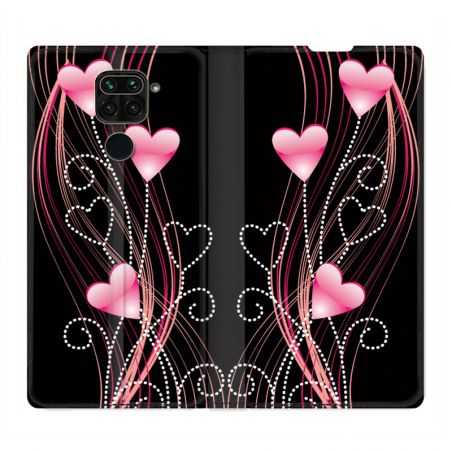 Housse Cuir Portefeuille Pour Xiaomi Redmi Note 9S / 9 Pro Coeur Rose Montant sur Noir