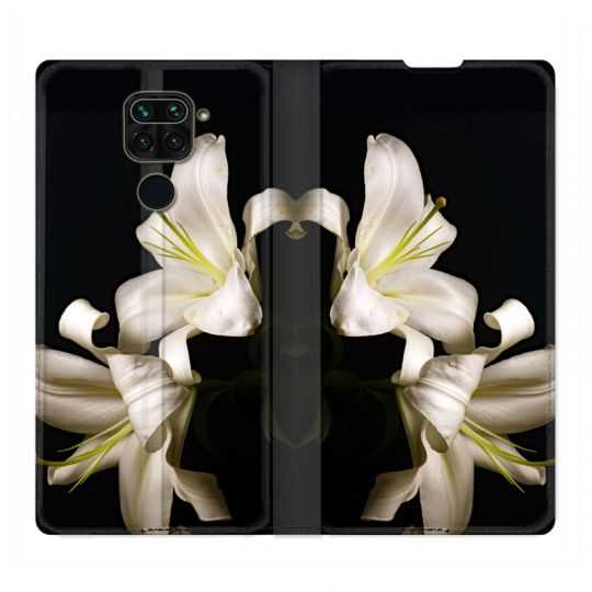 Housse Cuir Portefeuille Pour Xiaomi Redmi Note 9S / 9 Pro Fleur Lys Noir