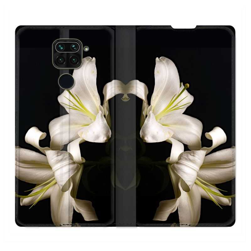Housse Cuir Portefeuille Pour Xiaomi Redmi Note 9S / 9 Pro Fleur Lys Noir