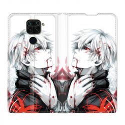 Housse Cuir Portefeuille Pour Xiaomi Redmi Note 9S / 9 Pro Manga Kaneki Blanc
