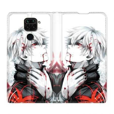 Housse Cuir Portefeuille Pour Xiaomi Redmi Note 9S / 9 Pro Manga Kaneki Blanc