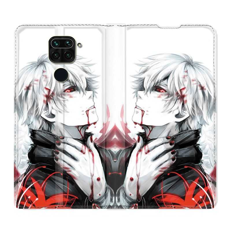 Housse Cuir Portefeuille Pour Xiaomi Redmi Note 9S / 9 Pro Manga Kaneki Blanc