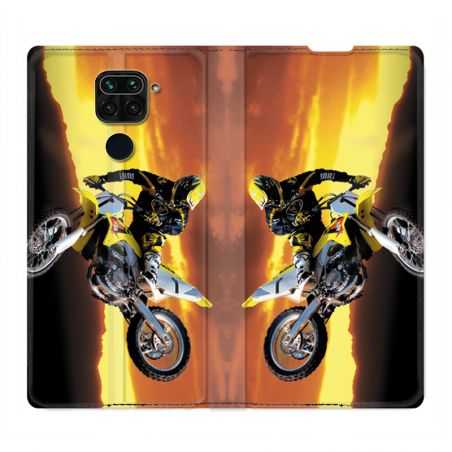 Housse Cuir Portefeuille Pour Xiaomi Redmi Note 9S / 9 Pro Moto Cross Noir