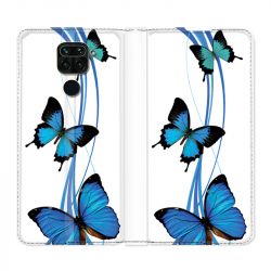 Housse Cuir Portefeuille Pour Xiaomi Redmi Note 9S / 9 Pro Papillon bleu sur Blanc