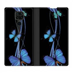 Housse Cuir Portefeuille Pour Xiaomi Redmi Note 9S / 9 Pro Papillon bleu sur Noir