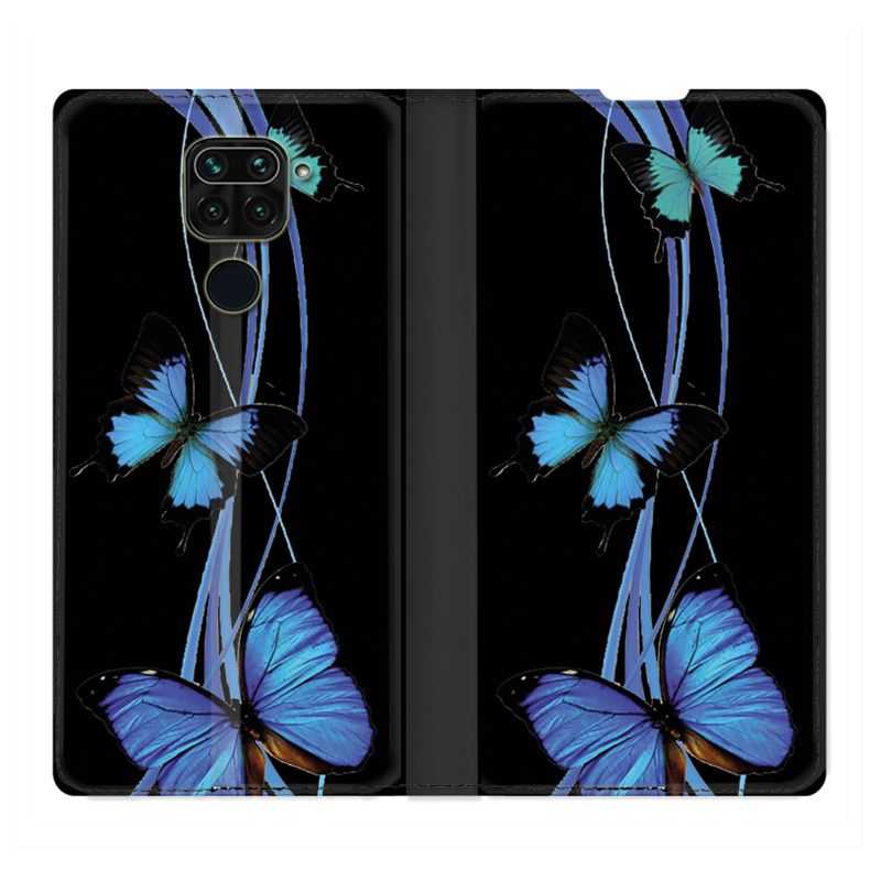 Housse Cuir Portefeuille Pour Xiaomi Redmi Note 9S / 9 Pro Papillon bleu sur Noir
