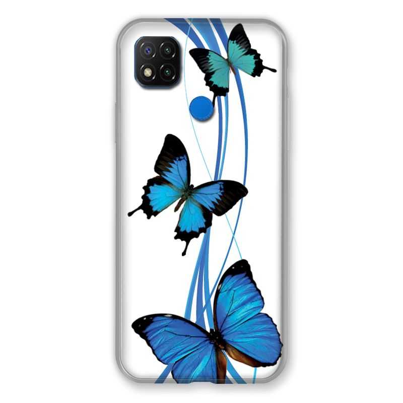 Coque Pour Xiaomi Redmi 9C Papillon bleu sur Blanc