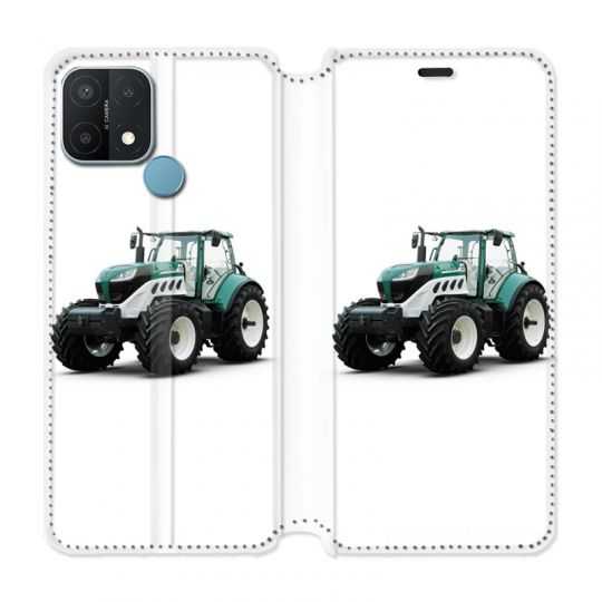 Housse Cuir Portefeuille Pour Oppo A15 Agriculture Tracteur Blanc