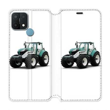 Housse Cuir Portefeuille Pour Oppo A15 Agriculture Tracteur Blanc