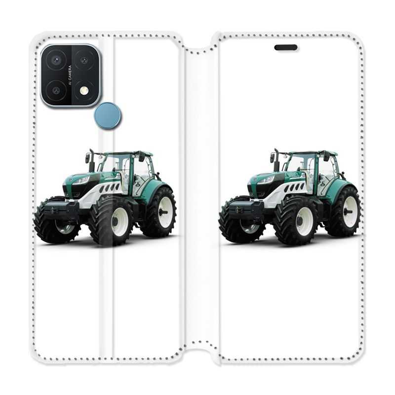 Housse Cuir Portefeuille Pour Oppo A15 Agriculture Tracteur Blanc