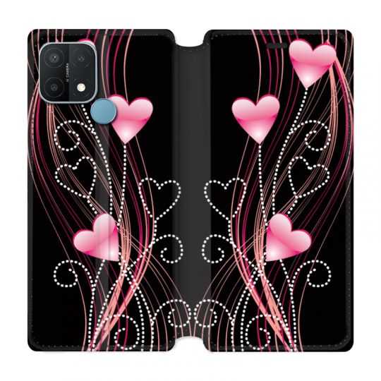 Housse Cuir Portefeuille Pour Oppo A15 Coeur Rose Montant sur Noir