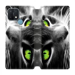 Housse Cuir Portefeuille Pour Oppo A15 Chat Vert