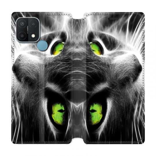 Housse Cuir Portefeuille Pour Oppo A15 Chat Vert