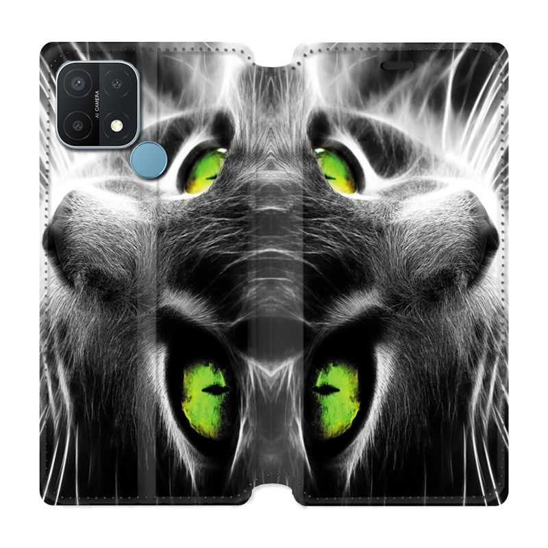 Housse Cuir Portefeuille Pour Oppo A15 Chat Vert