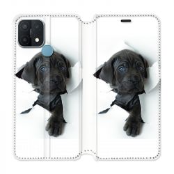 Housse Cuir Portefeuille Pour Oppo A15 Chien Noir