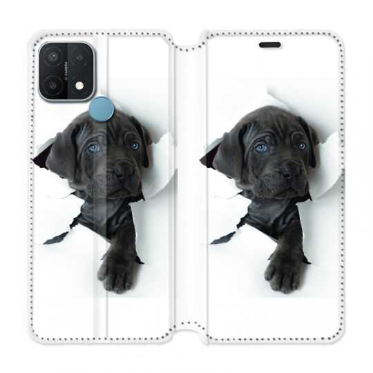 Housse Cuir Portefeuille Pour Oppo A15 Chien Noir