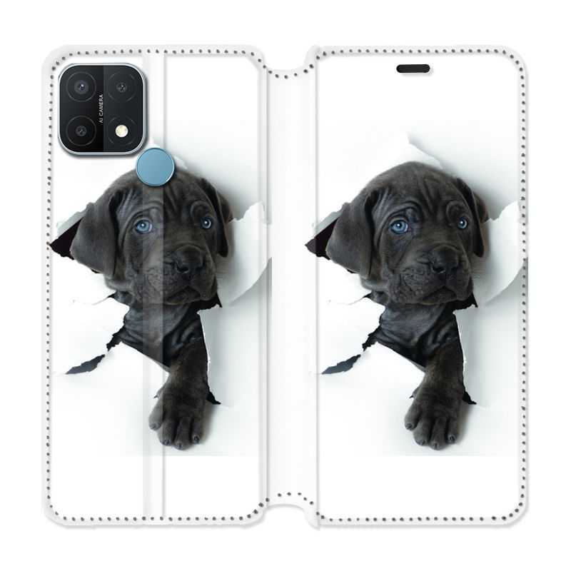 Housse Cuir Portefeuille Pour Oppo A15 Chien Noir