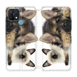 Housse Cuir Portefeuille Pour Oppo A15 Chien vs Chat