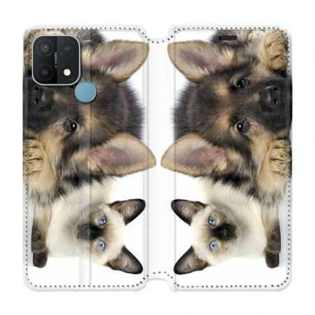 Housse Cuir Portefeuille Pour Oppo A15 Chien vs Chat