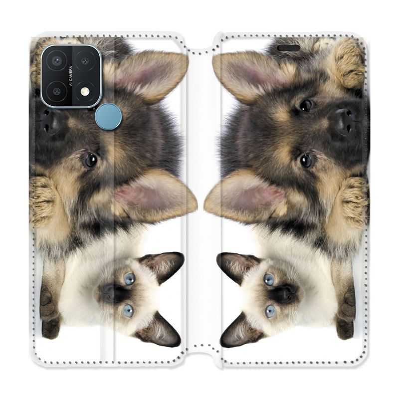 Housse Cuir Portefeuille Pour Oppo A15 Chien vs Chat
