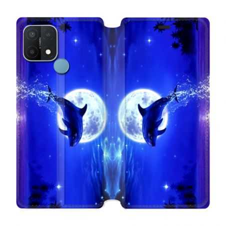 Housse Cuir Portefeuille Pour Oppo A15 Dauphin Lune