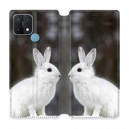 Housse Cuir Portefeuille Pour Oppo A15 Lapin Blanc