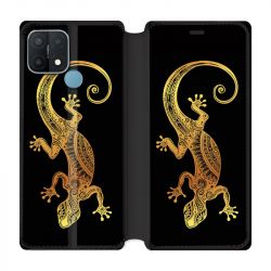 Housse Cuir Portefeuille Pour Oppo A15 Animaux Maori Lezard Noir