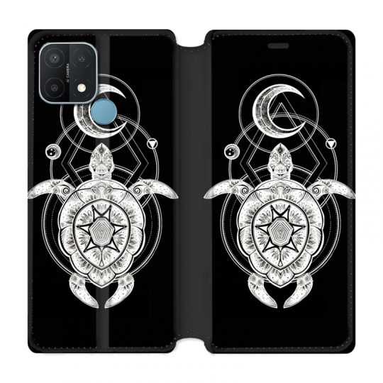 Housse Cuir Portefeuille Pour Oppo A15 Animaux Maori Tortue Noir