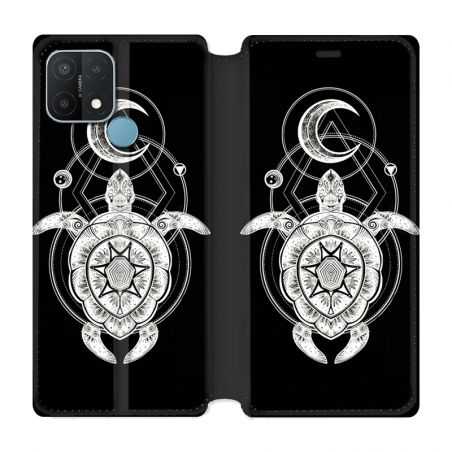 Housse Cuir Portefeuille Pour Oppo A15 Animaux Maori Tortue Noir