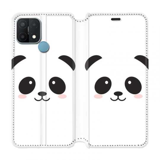 Housse Cuir Portefeuille Pour Oppo A15 Panda Blanc
