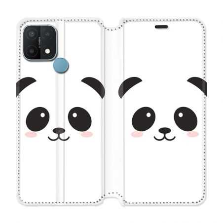 Housse Cuir Portefeuille Pour Oppo A15 Panda Blanc