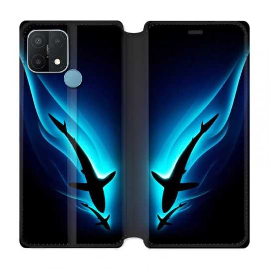 Housse Cuir Portefeuille Pour Oppo A15 Requin Noir