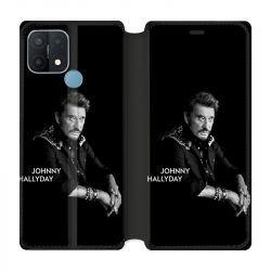 Housse Cuir Portefeuille Pour Oppo A15 Johnny Hallyday Noir