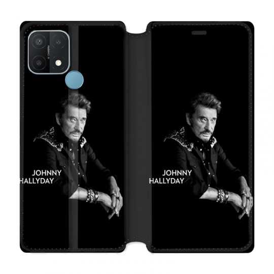Housse Cuir Portefeuille Pour Oppo A15 Johnny Hallyday Noir