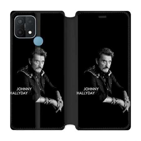 Housse Cuir Portefeuille Pour Oppo A15 Johnny Hallyday Noir