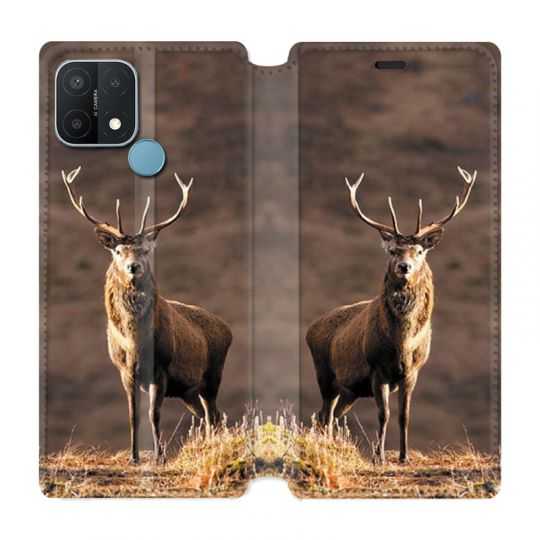 Housse Cuir Portefeuille Pour Oppo A15 Chasse Chevreuil Blanc