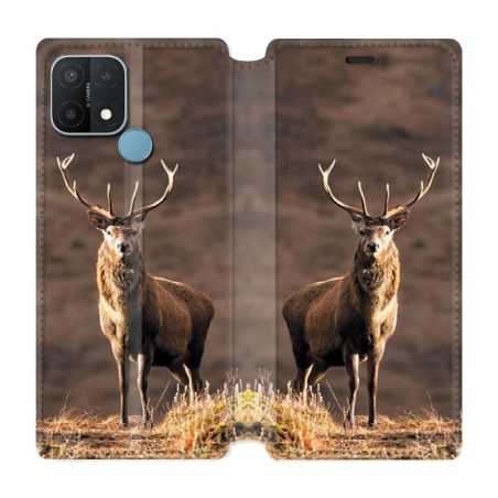 Housse Cuir Portefeuille Pour Oppo A15 Chasse Chevreuil Blanc