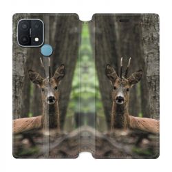 Housse Cuir Portefeuille Pour Oppo A15 Chasse Chevreuil Bois