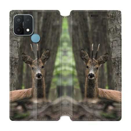 Housse Cuir Portefeuille Pour Oppo A15 Chasse Chevreuil Bois