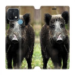 Housse Cuir Portefeuille Pour Oppo A15 Chasse Sanglier bois