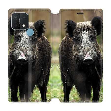 Housse Cuir Portefeuille Pour Oppo A15 Chasse Sanglier bois