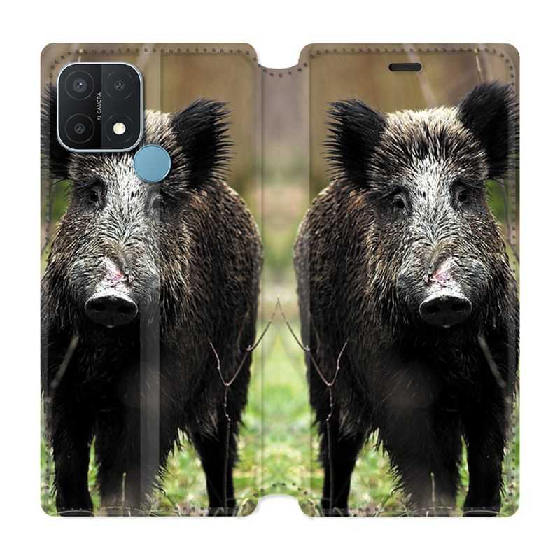 Housse Cuir Portefeuille Pour Oppo A15 Chasse Sanglier bois