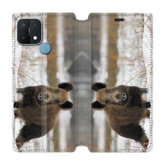 Housse Cuir Portefeuille Pour Oppo A15 Chasse Sanglier Neige