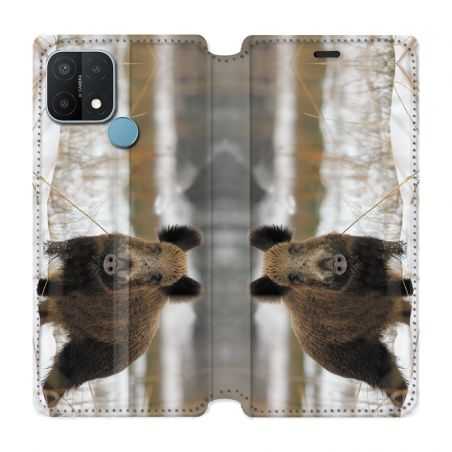 Housse Cuir Portefeuille Pour Oppo A15 Chasse Sanglier Neige