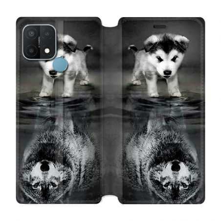 Housse Cuir Portefeuille Pour Oppo A15 Chien Reflet