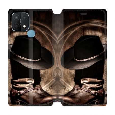 Housse Cuir Portefeuille Pour Oppo A15 Cow Boy Chapeau