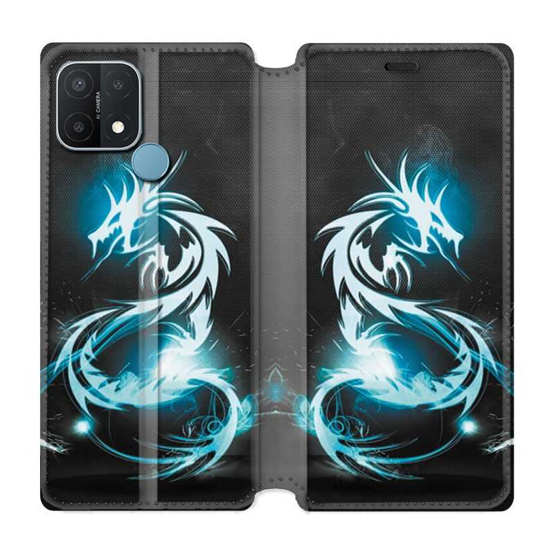 Housse Cuir Portefeuille Pour Oppo A15 Dragon Bleu