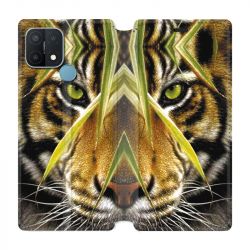 Housse Cuir Portefeuille Pour Oppo A15 Oeil Tigre