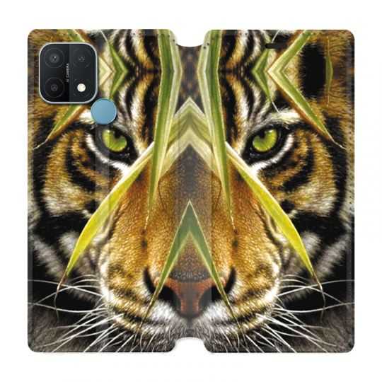 Housse Cuir Portefeuille Pour Oppo A15 Oeil Tigre